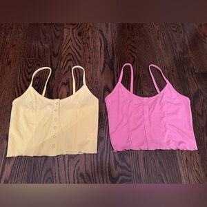 Pink and Yellow Ribbed Button-Up crop Tops, small